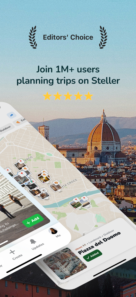 Steller travel app interface displaying an interactive map with traveler video pins over a photo of Florence