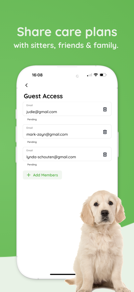 That Pet App - Health Tracker - Um smartphone exibindo a tela de acesso de convidados do That Pet App, usada para compartilhar planos de cuidados para pets com familiares e amigos