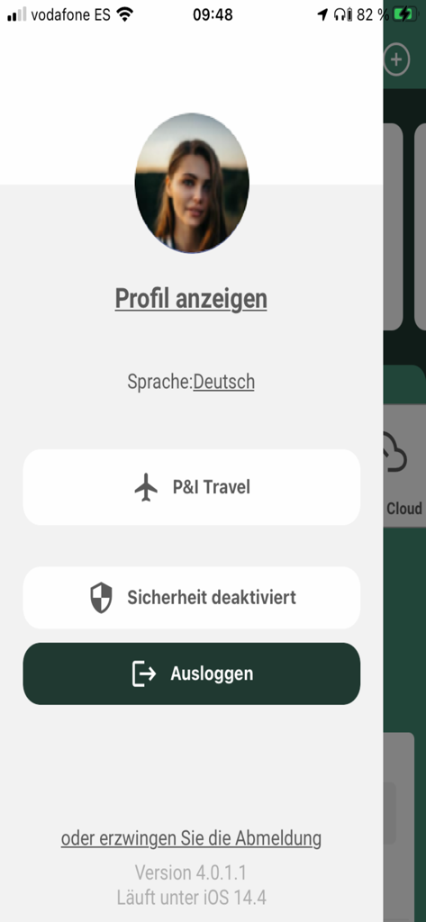 User profile menu in the P&I Loga3 HR application showing settings for language travel and logout.