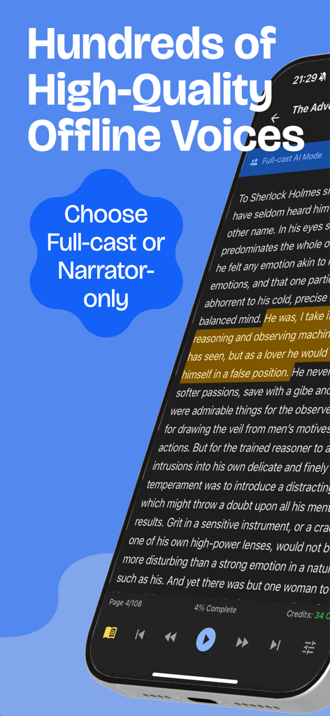 BookNPC - AI TTS eBook Reader - Aplicativo BookNPC mostrando vozes offline de alta qualidade e modo de IA com elenco completo para leitura de eBooks