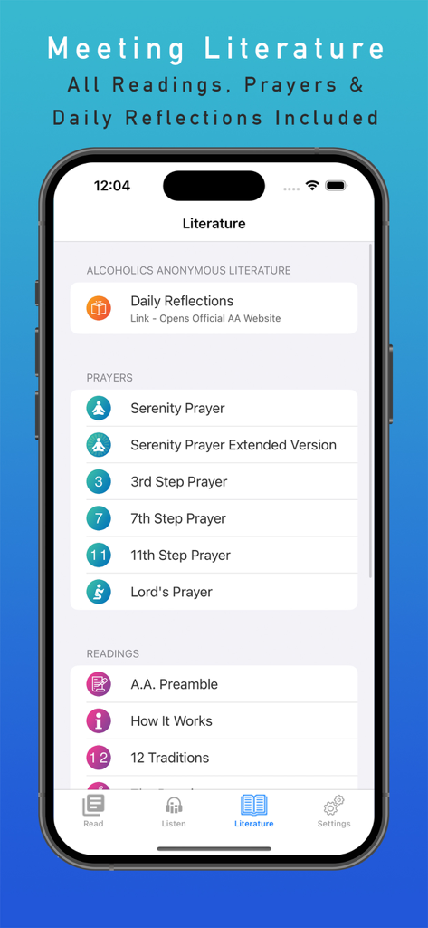 AA Big Book e-Reader + Audio - AA Big Book mobile app screen displaying a list of recovery prayers and meeting literature readings