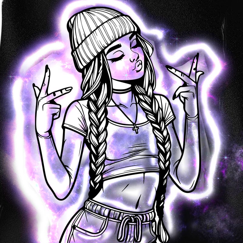 realistic teenage girl with braids and a beanie and crop top doing 🫶🏼