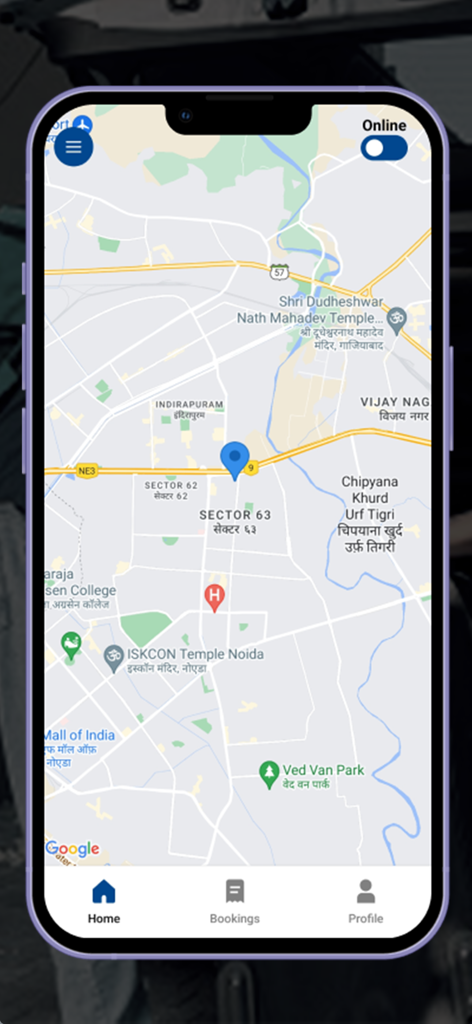 Interfaz de la aplicación móvil TripMaster Driver mostrando un mapa GPS en tiempo real con seguimiento de ubicación y opciones de navegación
