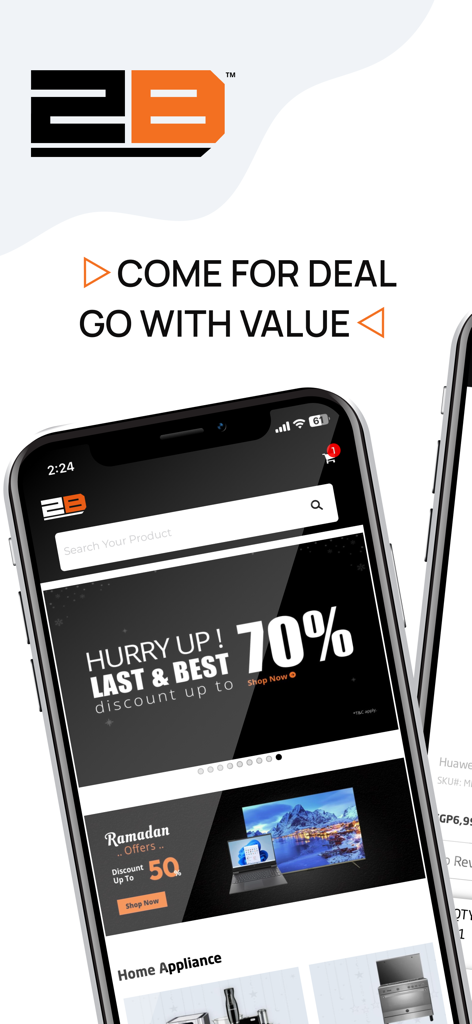 2B Egypt - App mobile 2B Egitto che mostra offerte sull'elettronica e offerte per il Ramadan