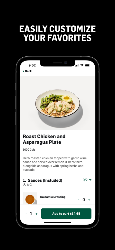 Dig Inn 모바일 앱 화면에는 로스트 치킨과 아스파라거스 요리가 맞춤 설정 및 장바구니 추가 옵션과 함께 표시됩니다.