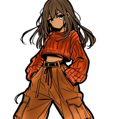 anime teen girl with baggy pants and crop top with sweater