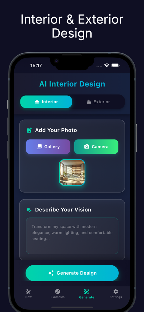 rerender : AI Interior Design - Interfaz de la aplicación rerender AI Interior Design que muestra la pantalla Generar Diseño con opciones para subir una foto y describir una visión de diseño