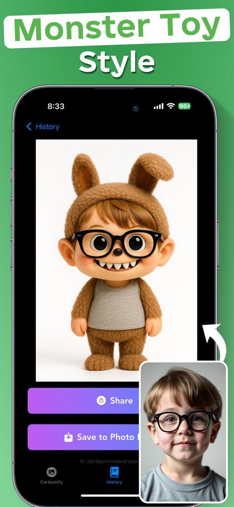 A boy's photo transformed into a 3D monster toy character with bunny ears and glasses using AI filters.