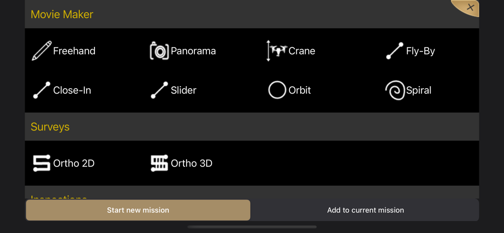 One Click Drone - Interface of One Click Drone app showing flight mission templates for Movie Maker and Surveys including Orbit Spiral and Ortho 3D modes