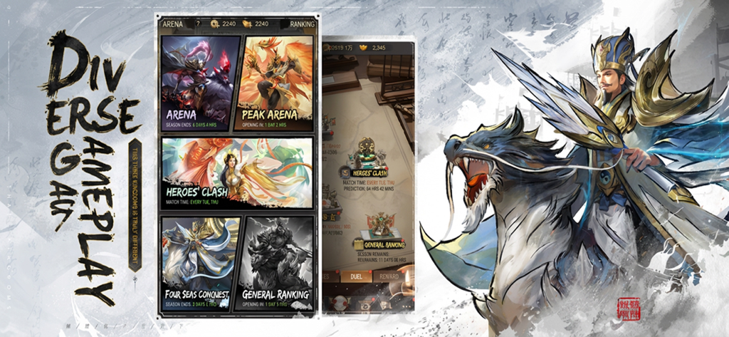 Alchemy and Vault - Capture d'écran du jeu mobile Alchimie et Coffre montrant différents modes de jeu, y compris l'Arène et le Clash des Héros, avec des illustrations de personnages fantastiques de haute qualité.