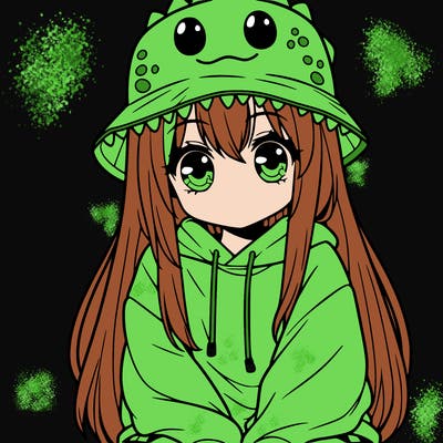 girl with anime shaped eyes with a dinosaur bucket hat oversized sweatshirt long straight hair