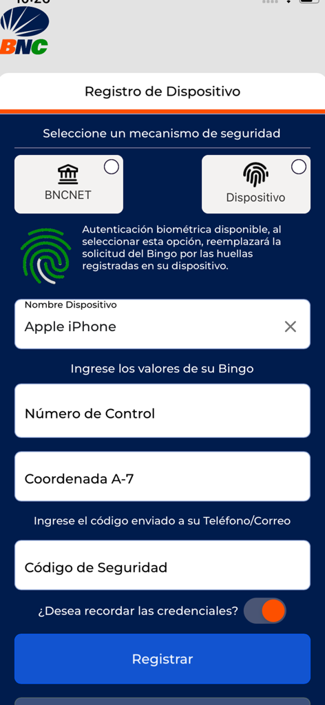 BNC - Pantalla de registro de dispositivo de la aplicación móvil BNC con autenticación biométrica y campos de entrada de tarjeta de coordenadas.