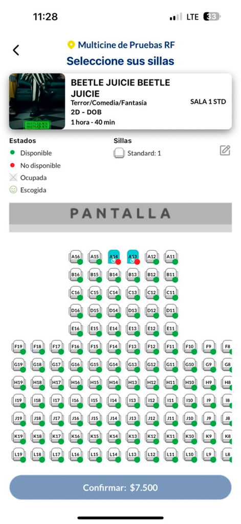 Cinemas Royal Films - 영화 비틀쥬스 비틀쥬스의 시네마스 로열 필름 앱 좌석 선택 인터페이스