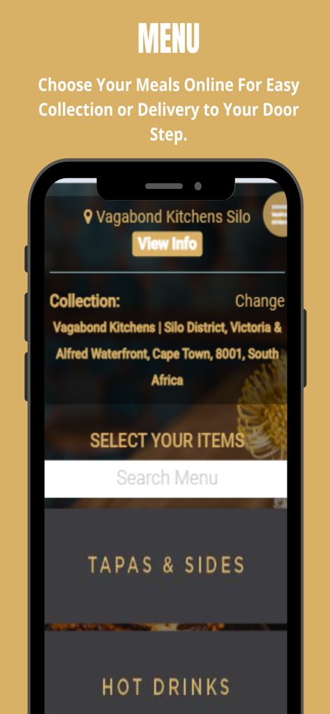 Vagabond Kitchensモバイルアプリのメニューインターフェース。食品カテゴリとデリバリーオプションが表示されています。