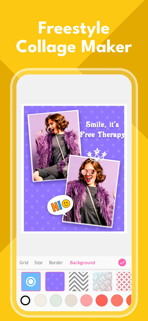 PicMix : Photo Collage Maker - Freestyle photo collage maker screen showing editing tools and background patterns