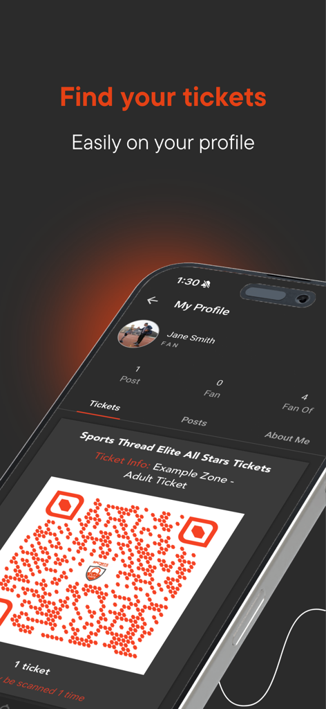 Sports Thread app interface showing a digital event ticket with a QR code on a user profile.