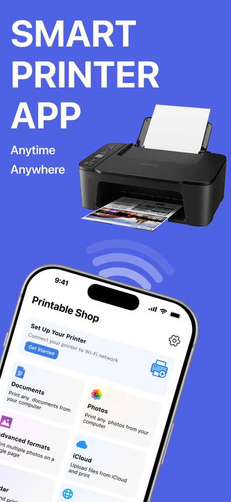 HP 스마트 프린터 앱 인터페이스를 보여주는 iPhone, 문서 및 사진의 무선 인쇄 옵션 표시
