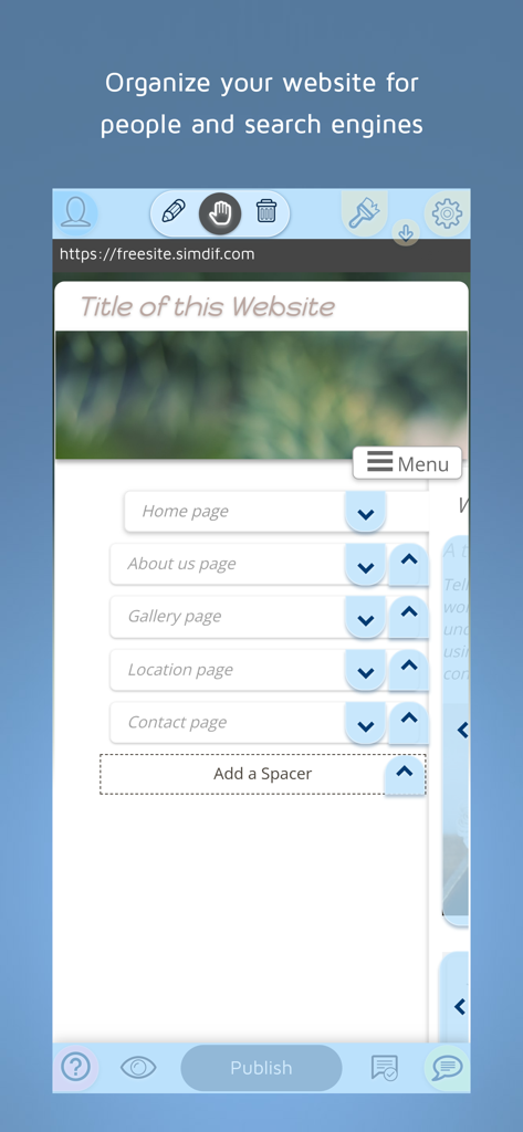 FreeSite – Website Maker - Mobile interface of FreeSite app showing options to organize and reorder website pages like Home and Contact