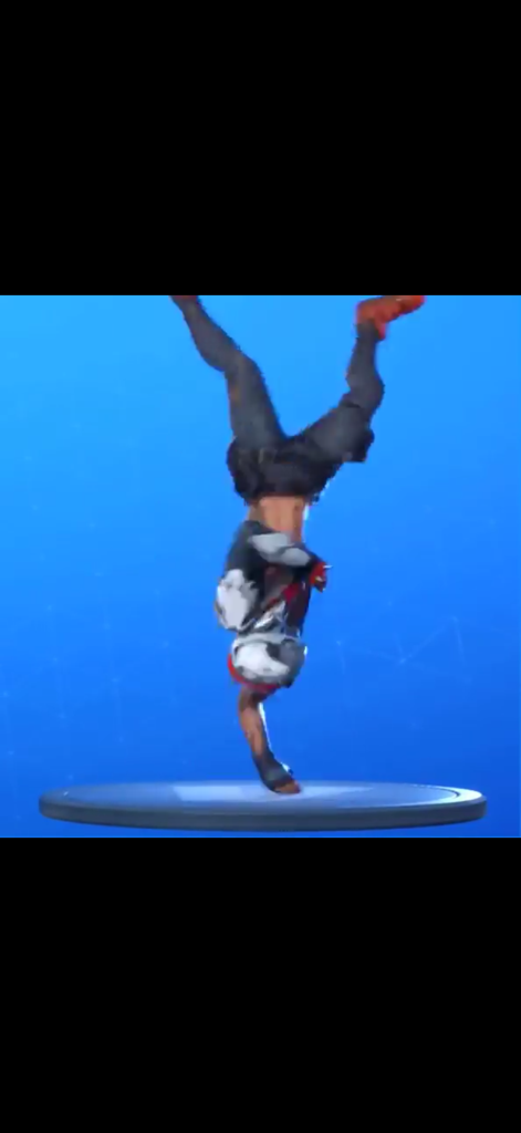 Epic Emote: Dance for Fortnite - Un personaggio di Fortnite che esegue un'emote di breakdance su una piattaforma contro uno sfondo blu