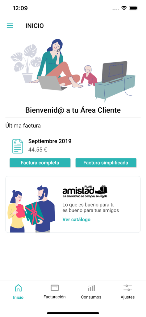 The home screen of the Mi PTV mobile app showing the latest bill and navigation icons