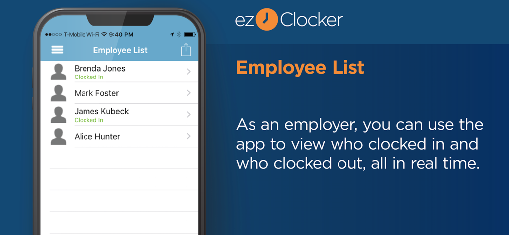 ezClocker: Employee Time Track - ezClocker mobile app screen showing a list of employees with their real-time clock-in and clock-out status.
