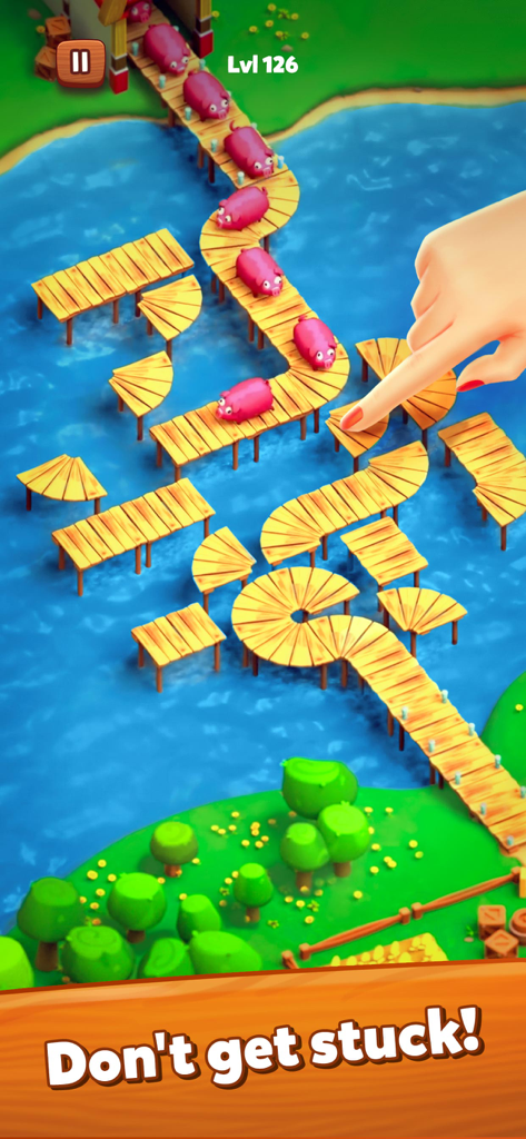 Farm Jam: Animal Escape Game - Farm Jamレベル126の木製橋パズルを渡るピンクの豚を誘導する手