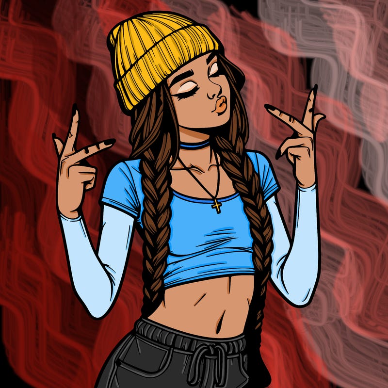 realistic teenage girl with braids and a beanie and crop top doing 🫶🏼