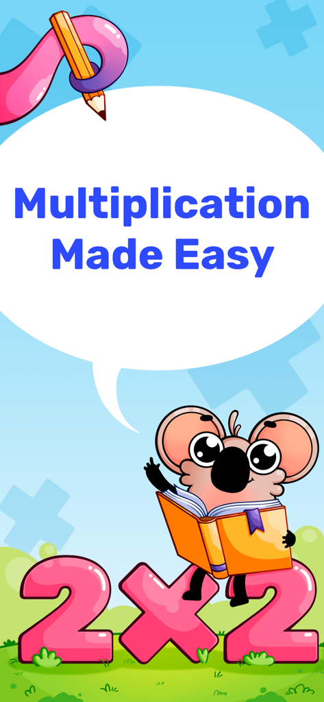 Multiplication Games For Kids. - A cartoon koala holding a book and sitting on a pink 2x2 equation with a speech bubble saying Multiplication Made Easy.
