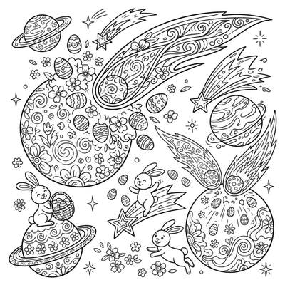 Prepare for an out-of-this-world Easter celebration with this unique coloring page, where playful comets deliver delightful decorated eggs to whimsical planets. Join adorable bunnies in a cosmic dance amidst blooming spring flowers and showering stars for an unforgettable coloring adventure.