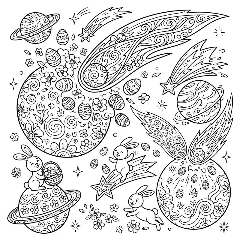 Prepare for an out-of-this-world Easter celebration with this unique coloring page, where playful comets deliver delightful decorated eggs to whimsical planets. Join adorable bunnies in a cosmic dance amidst blooming spring flowers and showering stars for an unforgettable coloring adventure.