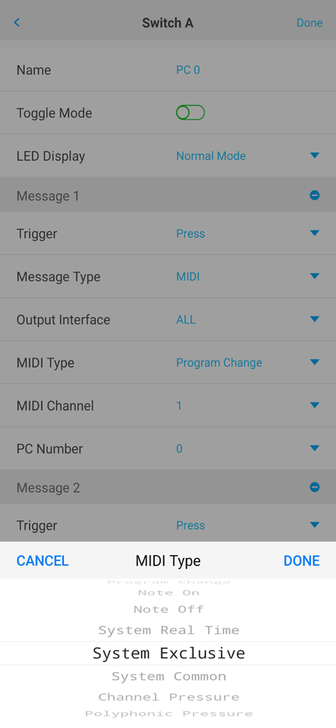 Impostazione dei tipi di messaggi MIDI e dei comandi system exclusive nell'interfaccia dell'app AIRSTEP.