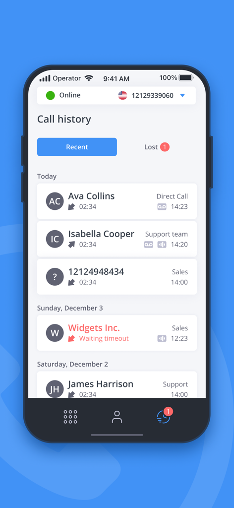 Oberfläche des Anrufverlauf-Bildschirms der phone.systems App mit aktuellen und verpassten Anrufen.