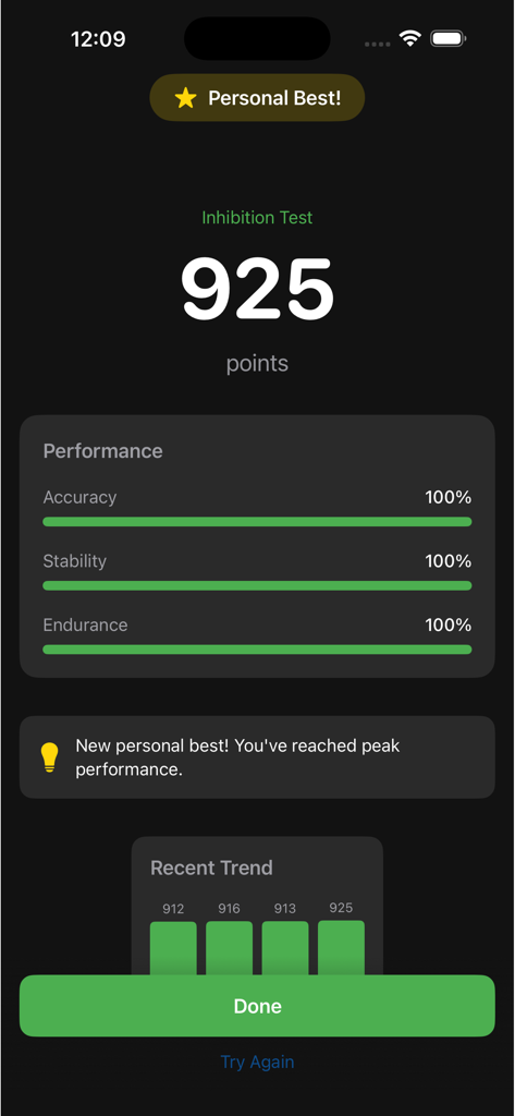Pantalla de resultados que muestra 925 puntos en una Prueba de Inhibición con 100 por ciento de precisión y métricas de estabilidad.