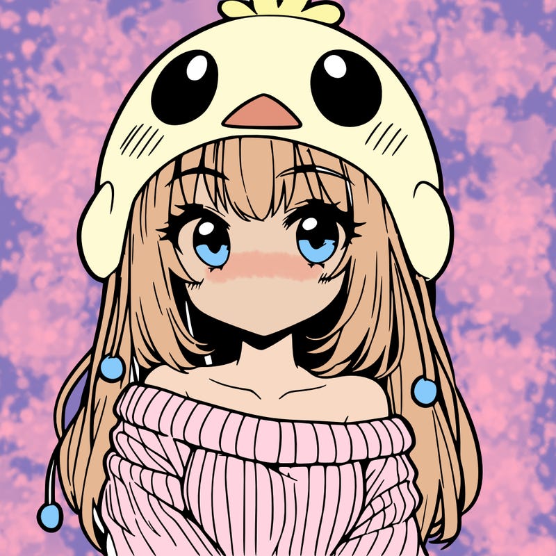anime girl with chick shaped hat with sweater with bare shoulders with bangs covering them one eye with low tail