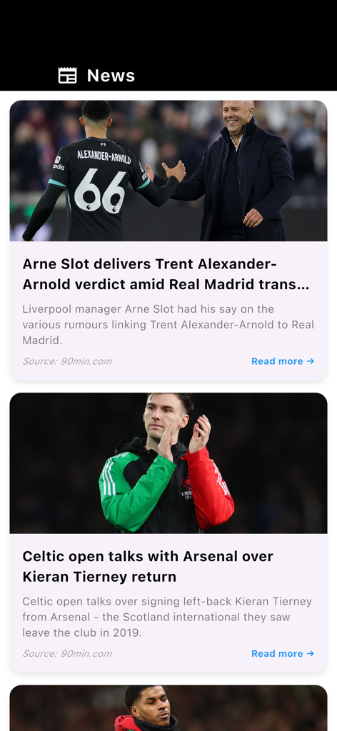 Football news feed in the Yacine Tv app with transfer updates