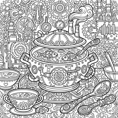 Unleash your creativity with this extraordinary Steampunk Fish Soup coloring page, blending delicious culinary art with intricate Victorian machinery. This detailed illustration invites you to add vibrant hues to gears, pipes, and savory broths, offering a truly unique coloring experience.
