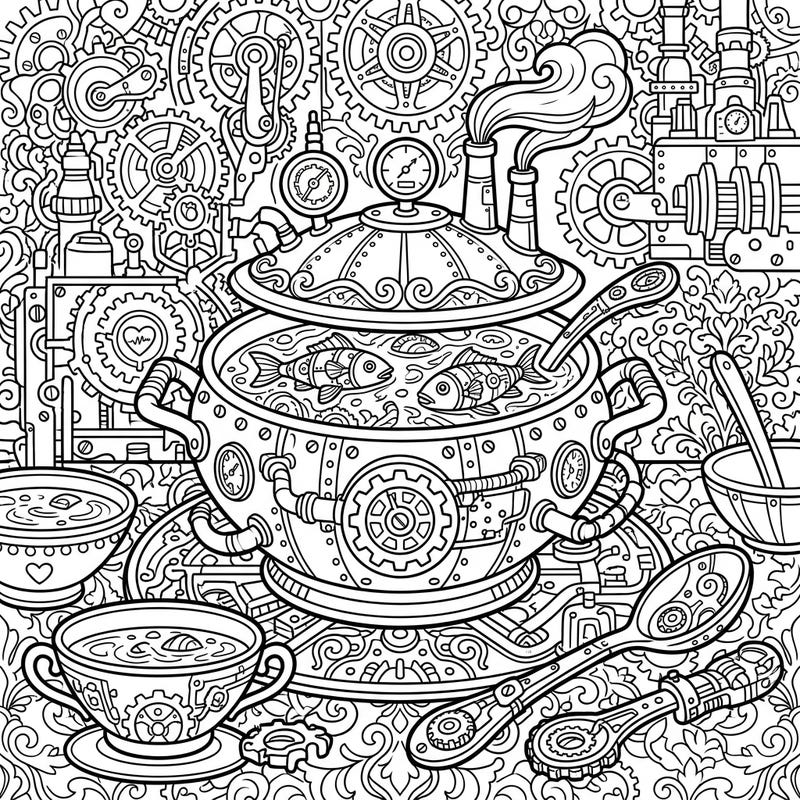 Unleash your creativity with this extraordinary Steampunk Fish Soup coloring page, blending delicious culinary art with intricate Victorian machinery. This detailed illustration invites you to add vibrant hues to gears, pipes, and savory broths, offering a truly unique coloring experience.