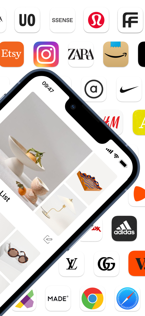 Smartphone displaying the Moonsift app with various popular store logos in the background