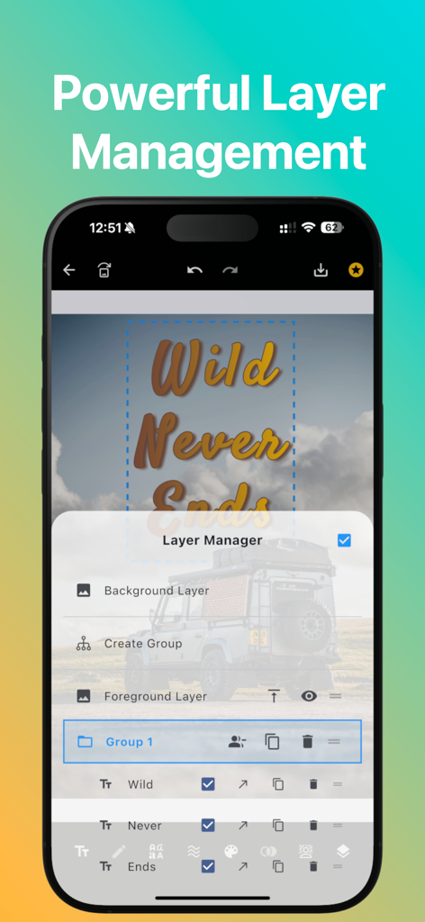Background Text-AI Text Editor - Oberfläche der Hintergrund Text KI-App, die den Ebenen-Manager mit Vordergrund-, Hintergrund- und Textebenen anzeigt