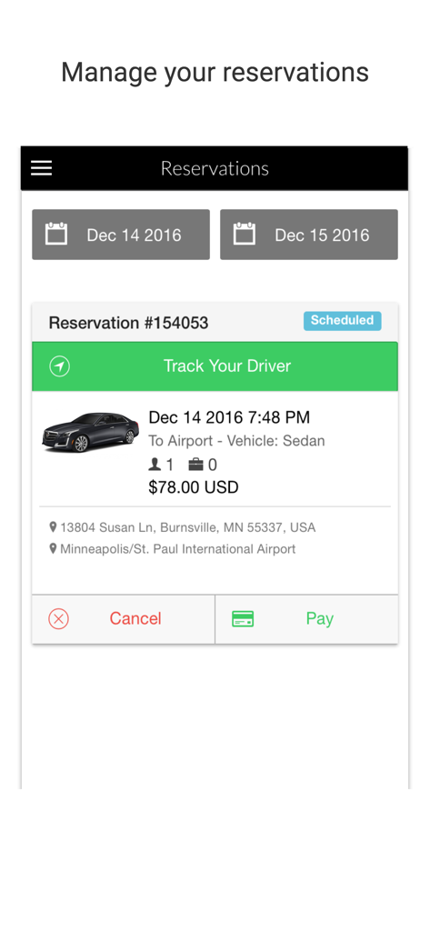Uma reserva de viagem agendada para o aeroporto no aplicativo Agendar Viagens Passageiro com um botão 'rastrear meu motorista'.