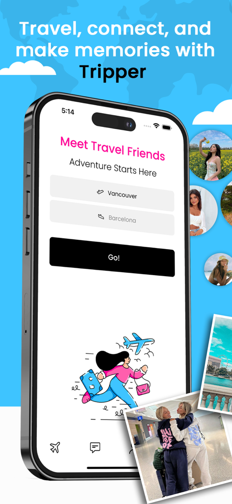 Tripper - Travel mate finder - Interface do aplicativo Tripper mostrando uma busca para encontrar amigos de viagem para viagens entre Vancouver e Barcelona