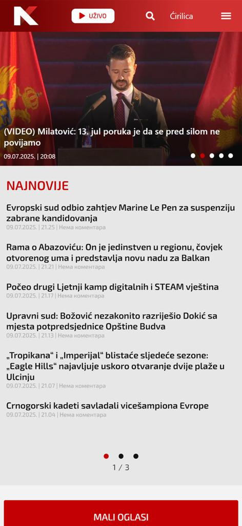 Portal RTNK - Interface de l'application Portal RTNK affichant les derniers gros titres et les options de diffusion en direct