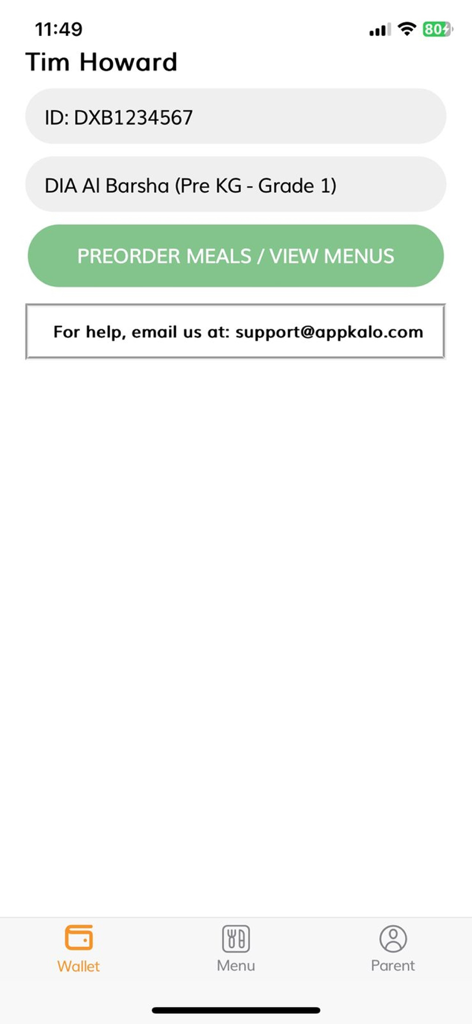 Student profile screen in Kalo Hospitality app for preordering school meals