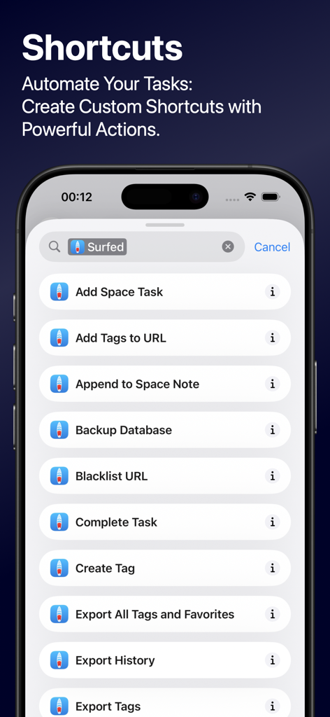 Surfed Pro Browser & Bookmark - A list of available iOS Shortcuts actions within the Surfed Pro app for workflow automation.