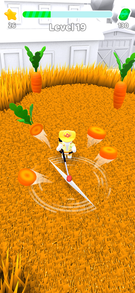 A character mows golden grass and harvests carrots in the Mow My Lawn mobile game.