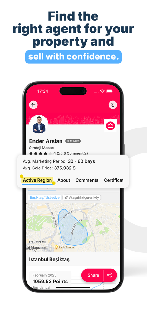 Endeksa: Value & Sell Property - Endeksaアプリの画面に、販売実績データとアクティブな地域を示す地図と共に不動産業者のプロフィールが表示されています。