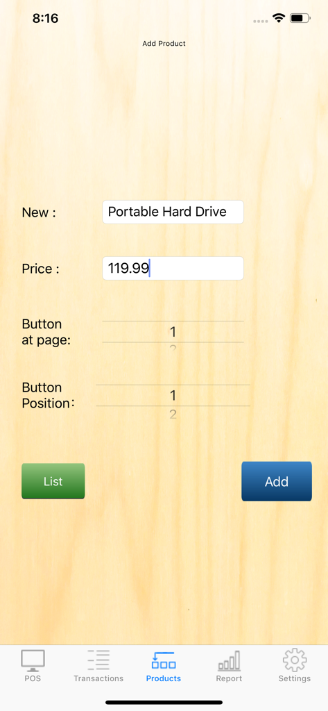 Add product interface in POS S Pro showing name price and button configuration