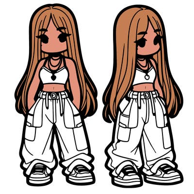 girl in baggy pants crop top and long hair