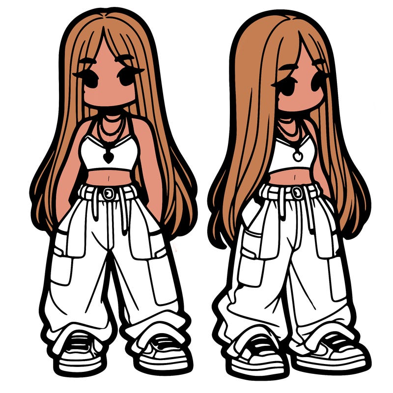 girl in baggy pants crop top and long hair