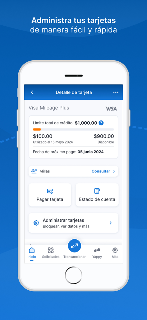 Banco General, S.A. - Interfaz de la aplicación móvil de Banco General que muestra los detalles de la tarjeta de crédito Visa, el límite de crédito y las opciones de pago en español.